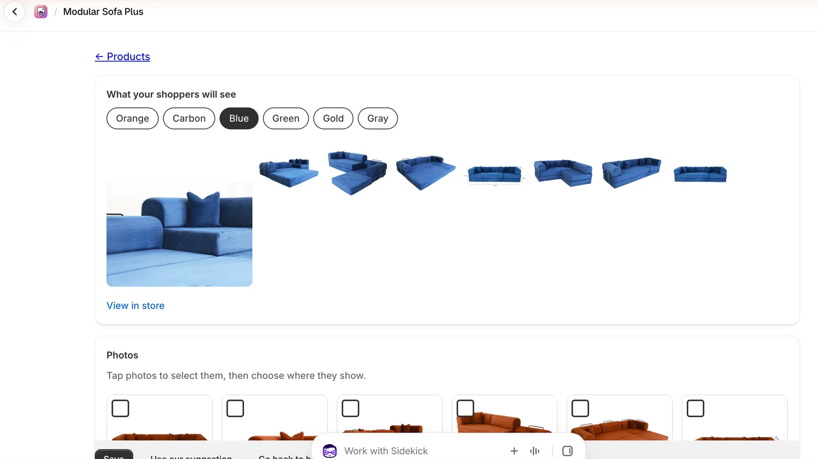 The product editor previewing the blue photos of a sofa.
